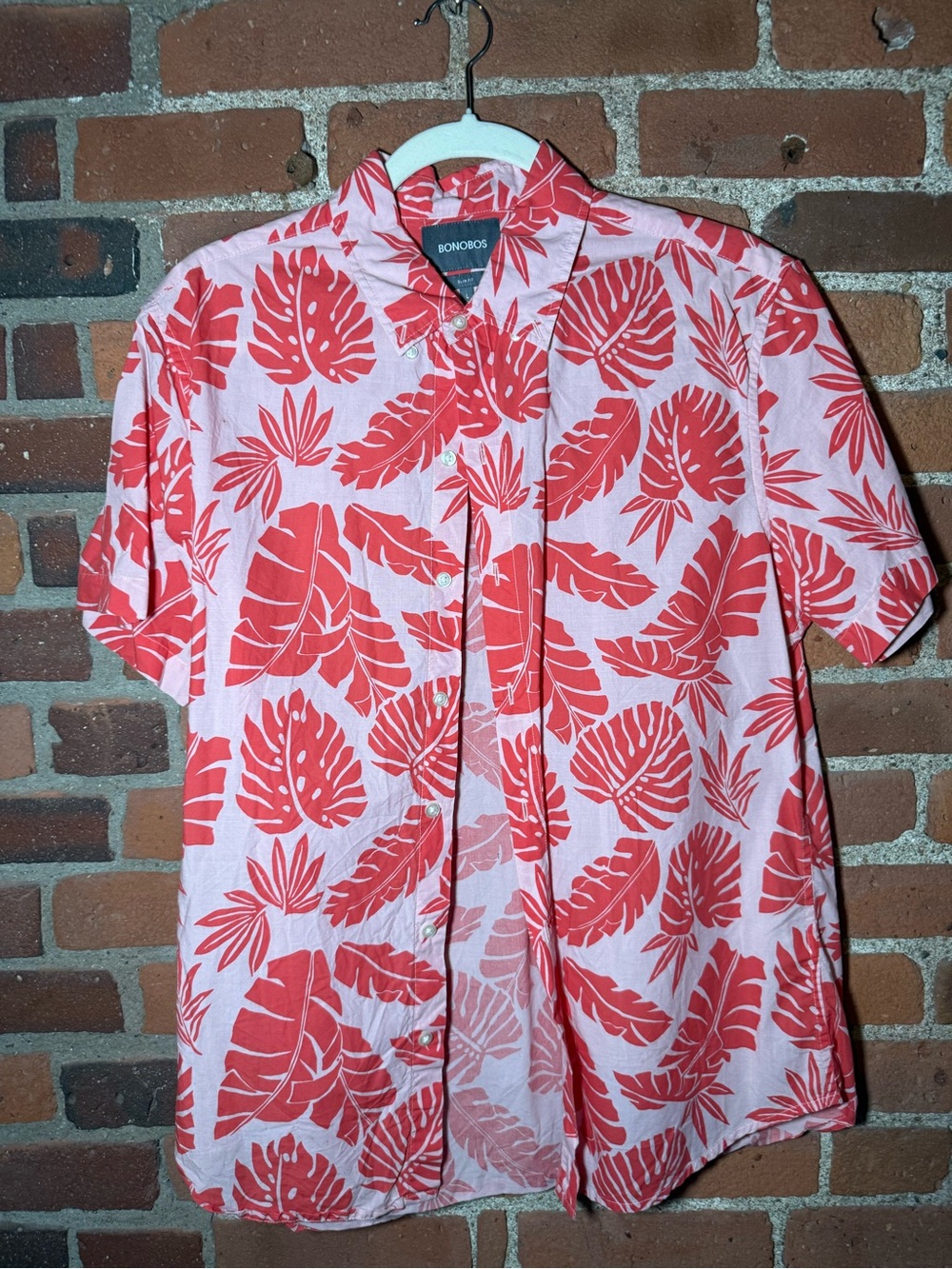 Bonobos Pink Shirt with Red Tropical Leaf Print
